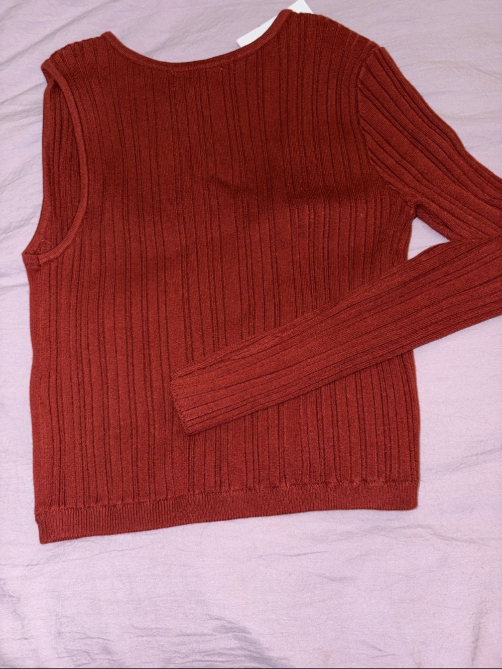 Open Edit Women's Off-the-Shoulder Ribbed Sweater in Rust - Picture 6 of 6